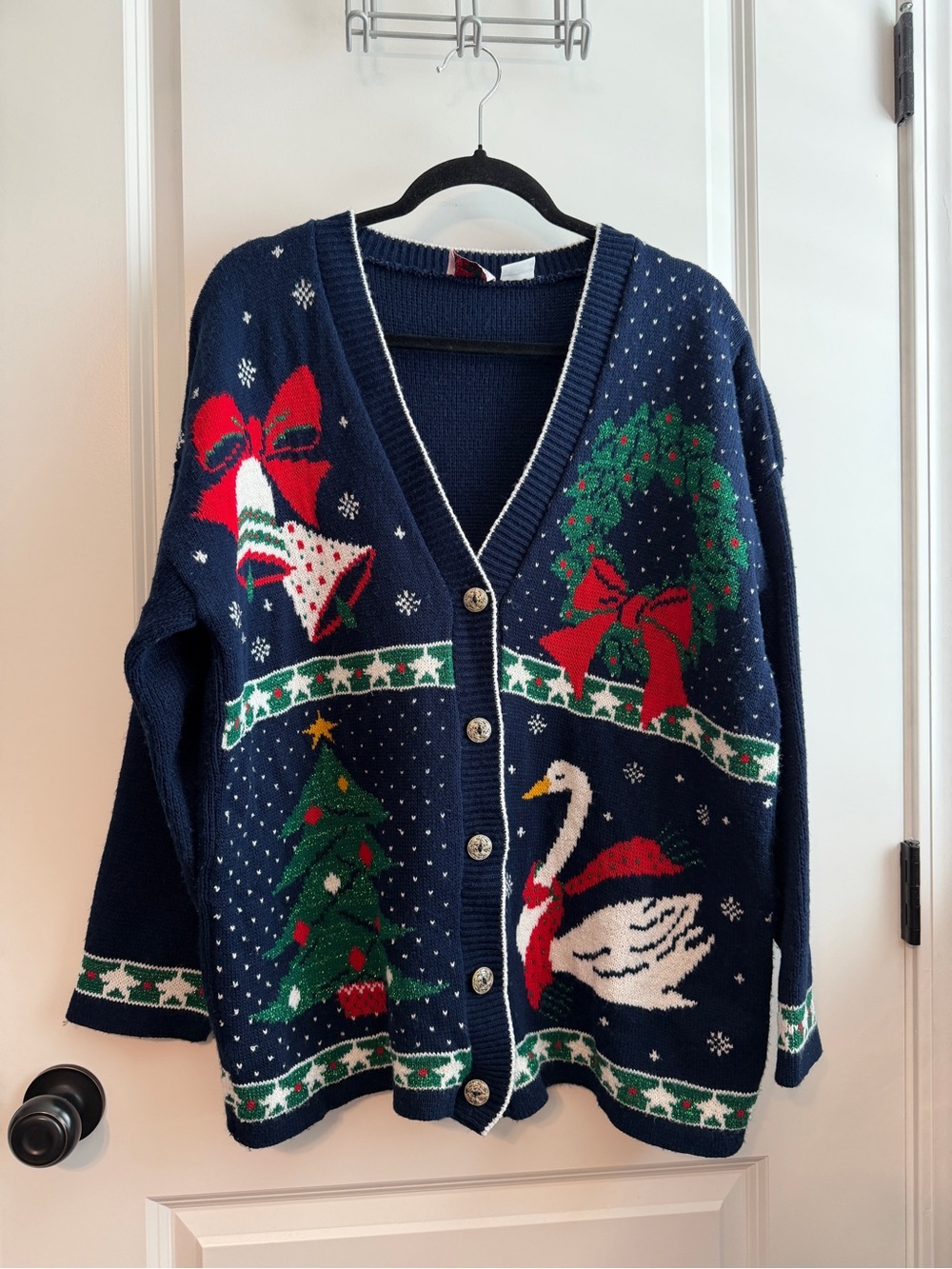 Navy Festive Holiday Cardigan Sweater with Seasonal Motifs